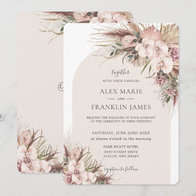 Boho Chic Pampas Grass Orchid Floral Arch Wedding Invitation (Front/Back)
