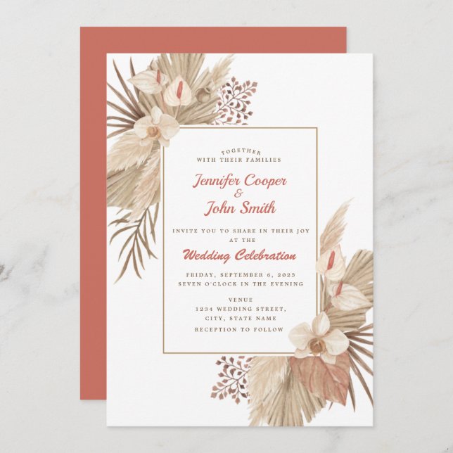 Boho Chic Pampas Grass Orchid Terracotta Wedding Invitation (Front/Back)