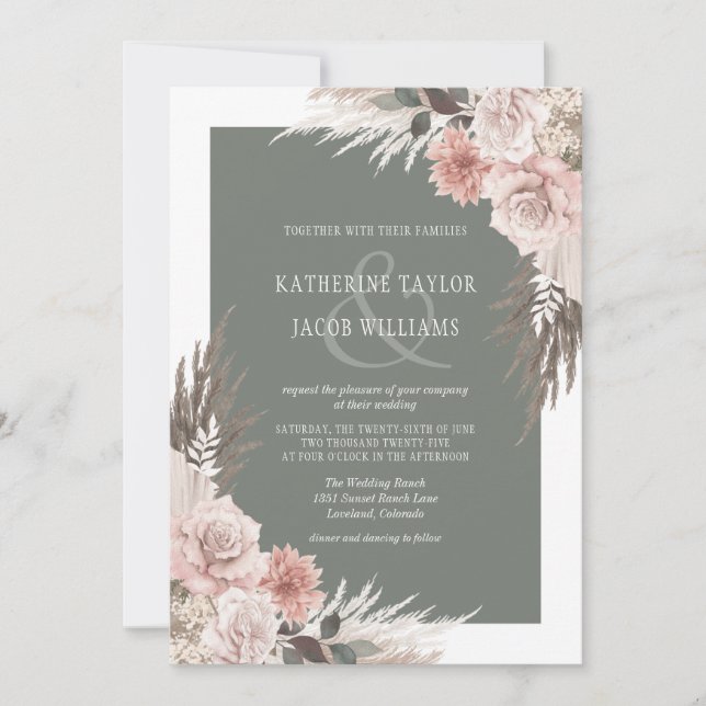 Boho Chic Pampas Grass Sage Green Floral Wedding Invitation (Front)
