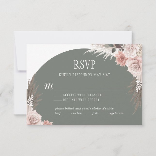 Boho Chic Pampas Grass Sage Green Floral Wedding RSVP Card (Front)