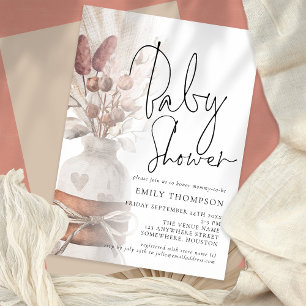 Boho Chic Pampas Grass Script Baby Shower  Invitation