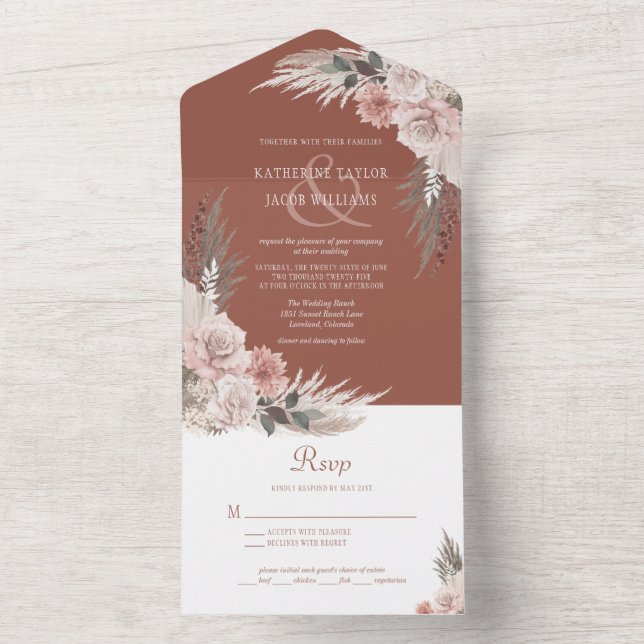 Boho Chic Pampas Grass Terracotta Floral Wedding All In One Invitation (Inside)