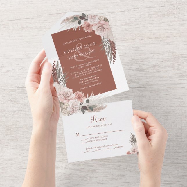 Boho Chic Pampas Grass Terracotta Floral Wedding  All In One Invitation (Tearaway)