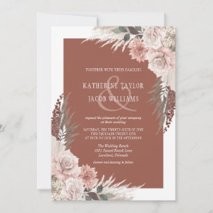 Boho Chic Pampas Grass Terracotta Floral Wedding Invitation