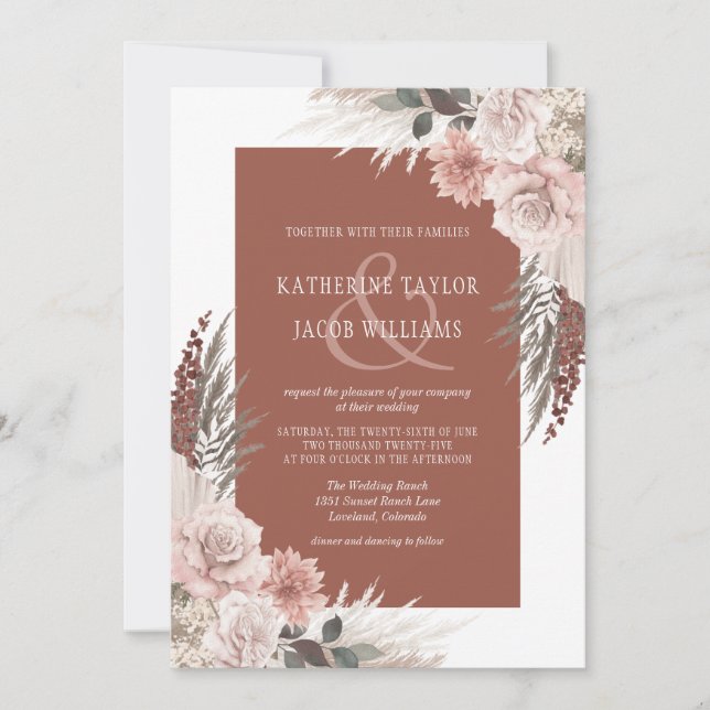 Boho Chic Pampas Grass Terracotta Floral Wedding Invitation (Front)