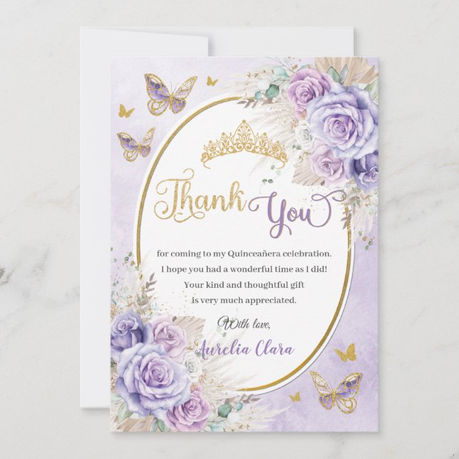 Boho Chic Pampas Purple Lilac Floral Quinceañera Thank You Card (Front)