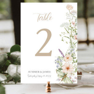 Boho Chic Pastel Wildflower Floral Garden Wedding Table Number
