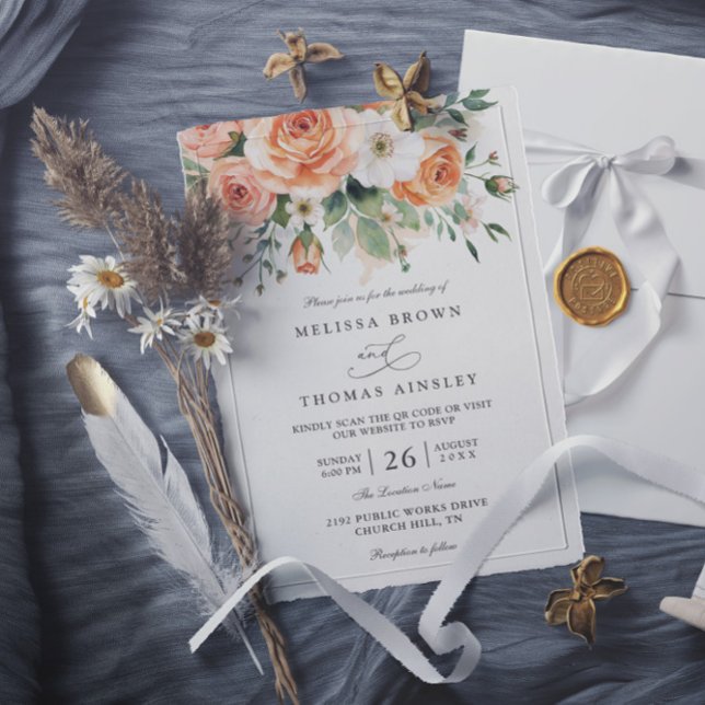 Boho Chic Peach and White Flowers QR Code Wedding Invitation (Creator Uploaded)