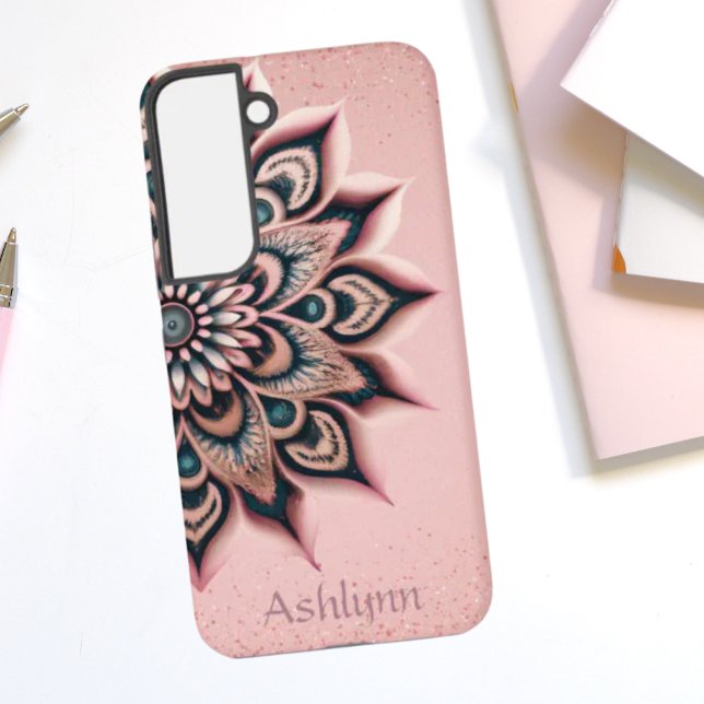 Boho Chic Personalised Floral Mandala Rose Gold  Samsung Galaxy S22 Case (Boho Chic Rose Gold Glitter Painted Mandala Samsung Galaxy Phone Case)