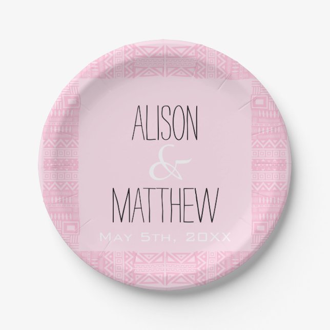 Boho-chic Personalised Pink Wedding Paper Plates 2 (Front)