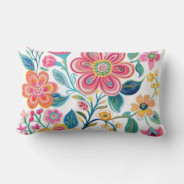 Boho Chic Pink and Coral Flower Throw Pillow (Front)