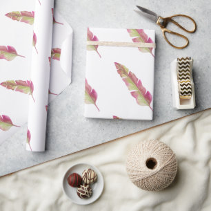 Boho Chic Pink and Green Feather Wrapping paper