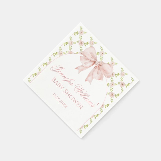 Boho Chic Pink Bow Floral Spring Baby Girl Shower Napkin (Corner)