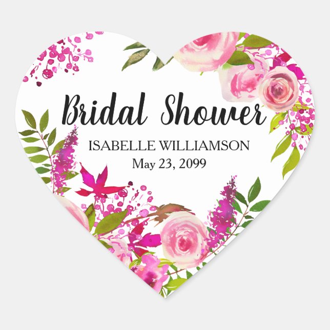 Boho Chic Pink Floral Bridal Shower Heart Sticker (Front)