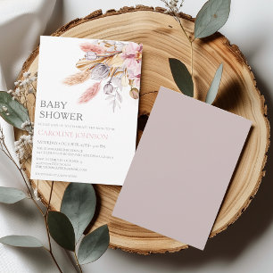 Boho Chic Pink Floral Pampas Grass Baby Shower Invitation