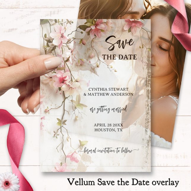 Boho Chic Pink Floral Save the Date Vellum Invitations (Boho chic vellum wedding Save the Date overlay showing loosely painted pink flowers on rustic ivory)