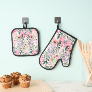 Boho Chic Pink Floral Watercolor Botanical Oven Mitt & Pot Holder Set