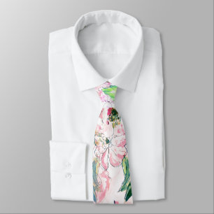 Boho Chic Pink Floral Watercolor Botanical Tie
