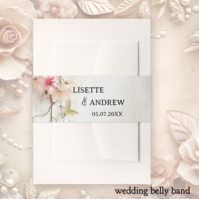Boho Chic Pink Floral Wedding Invitation Belly Band (Elegant boho chic wedding invitation belly band featuring a painting of romantic pink flowers)