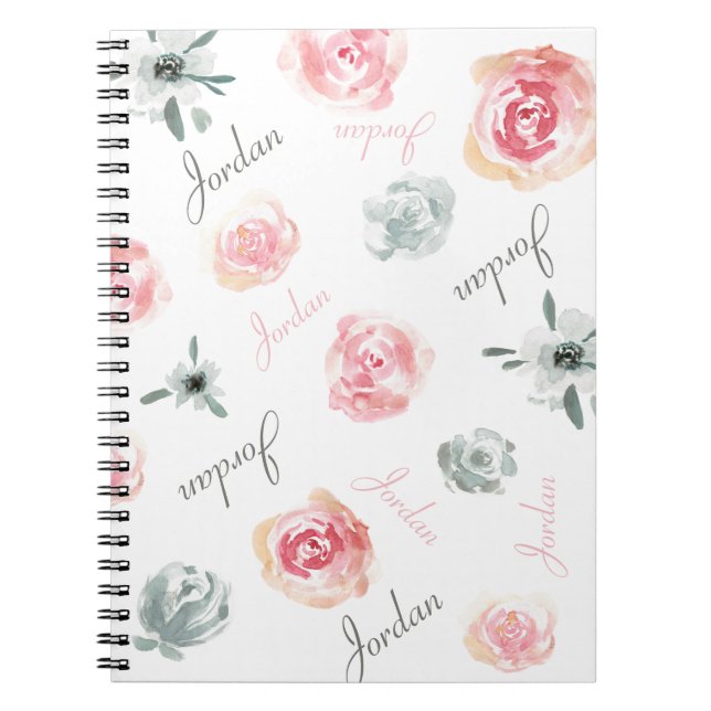 Boho Chic pink Watercolor florals repeated NamE Notebook (Front)