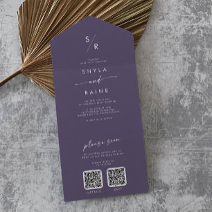 Boho Chic Plum Purple Dual QR Code Wedding All In One Invitation