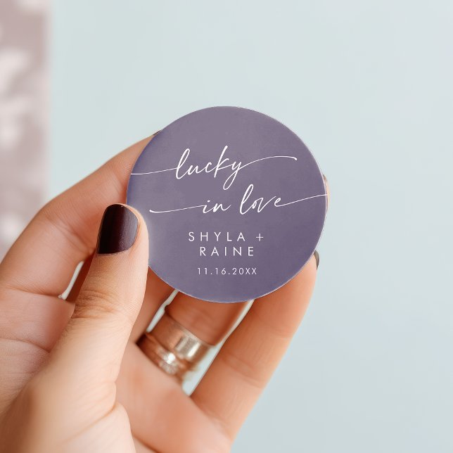 Boho Chic Plum Purple Lucky In Love Favour Classic Round Sticker (Boho Chic Plum Purple Lucky In Love Favor Classic Round Sticker)