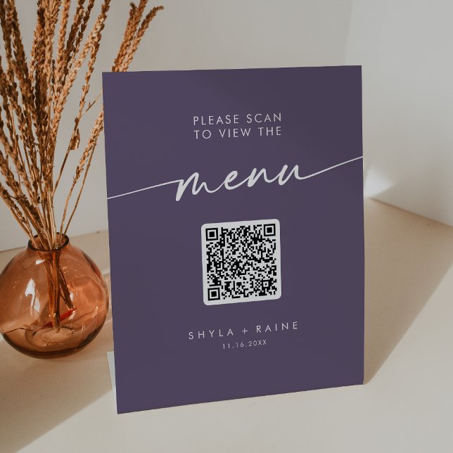 Boho Chic Plum Purple QR Code Wedding Menu Pedestal Sign (Creator Uploaded)
