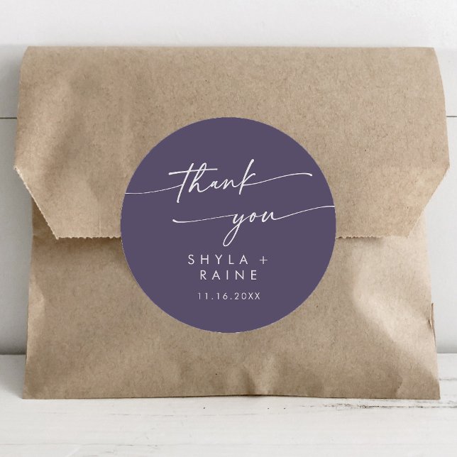 Boho Chic Plum Purple Thank You Wedding Favour Classic Round Sticker (Creator Uploaded)