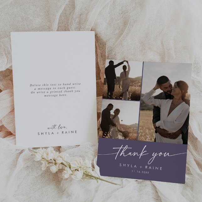 Boho Chic Plum Purple Wedding Photo Collage Thank You Card (Creator Uploaded)