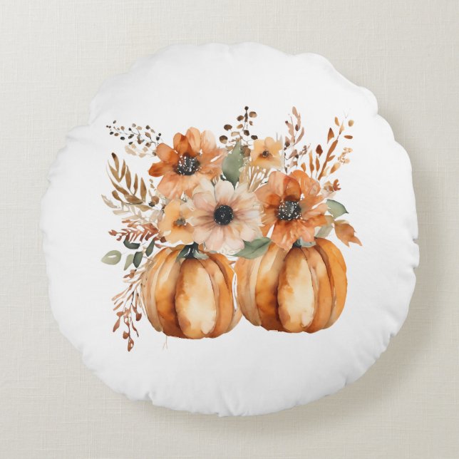 Boho Chic Pumpkin and Floral Patterns Thanksgiving Round Cushion (Front)