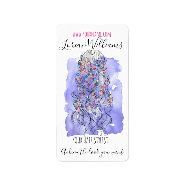 Boho Chic Purple Bride Hairstyle Watercolor Floral Label (Front)