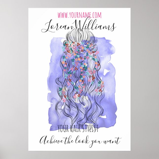 Boho Chic Purple Bride Hairstyle Watercolor Floral Poster (Front)