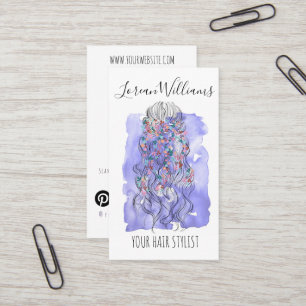 Boho Chic Purple Bride Hairstyle Watercolor QR Business Card