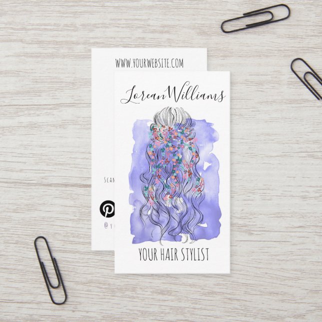 Boho Chic Purple Bride Hairstyle Watercolor QR Business Card (Front/Back In Situ)