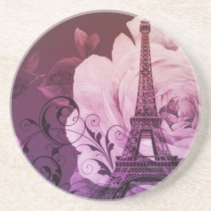 Boho chic purple floral Girly Paris Eiffel Tower Coaster