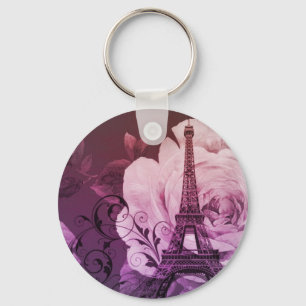 Boho chic purple floral Girly Paris Eiffel Tower Key Ring