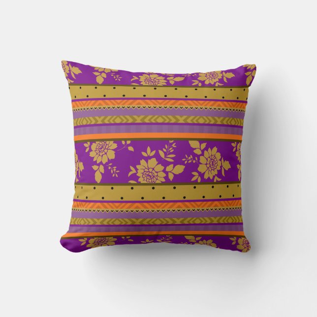 Boho Chic Purple Orange Floral Stripes Pattern Cushion (Front)