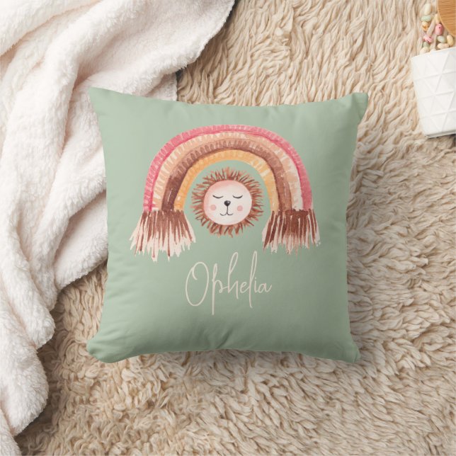 Boho Chic Rainbow Lion Baby Name Sage Cushion (Blanket)