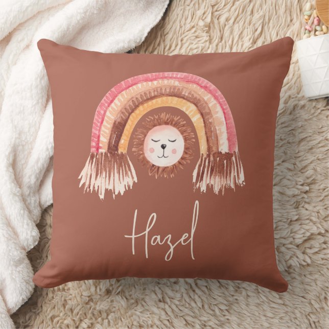 Boho Chic Rainbow Lion Baby Name Terracotta Cushion (Blanket)