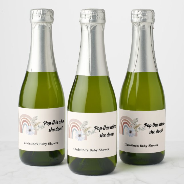 Boho chic rainbow pampas grass baby shower gift sparkling wine label (Bottles)