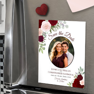 Boho Chic Red Floral & Photo Wedding Save the Date Magnetic Invitation