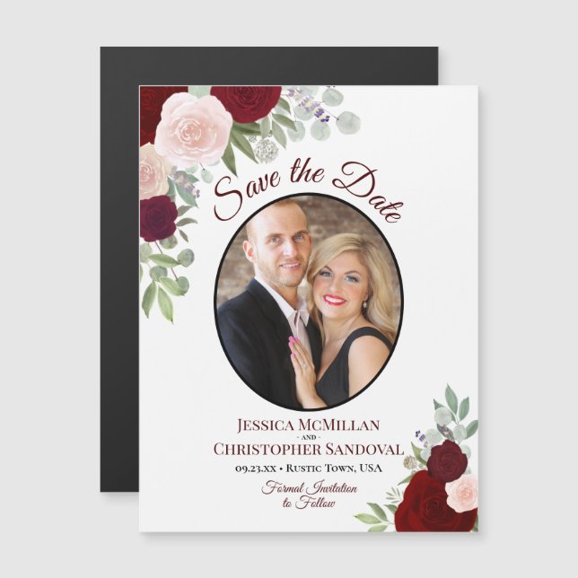 Boho Chic Red Floral & Photo Wedding Save the Date Magnetic Invitation (Front/Back)