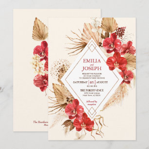 Boho chic red gold Frame & red Orchid fall Wedding Invitation