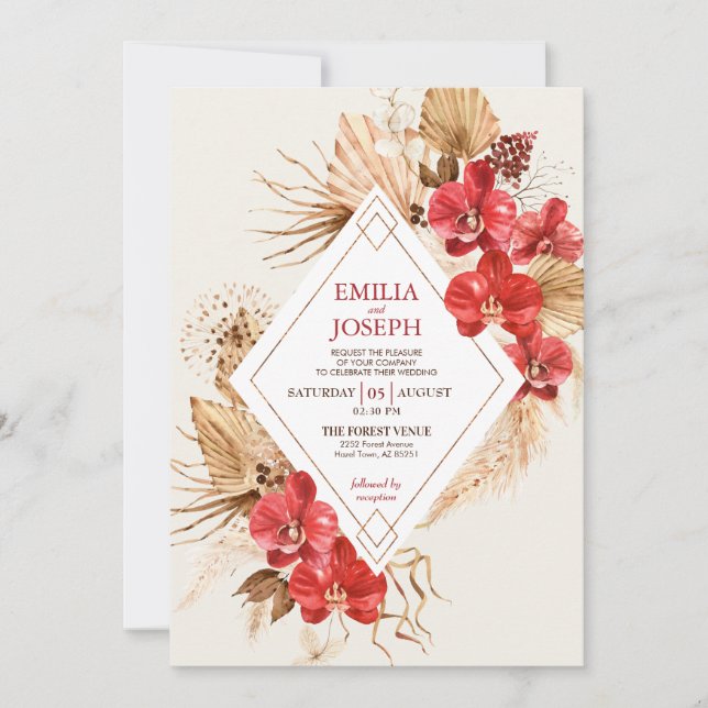 Boho chic red gold Frame & red Orchid fall Wedding Invitation (Front)