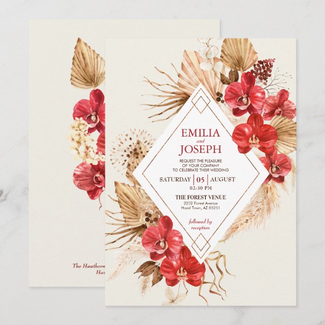 Boho chic red gold Frame & red Orchid fall Wedding Invitation (Front/Back)