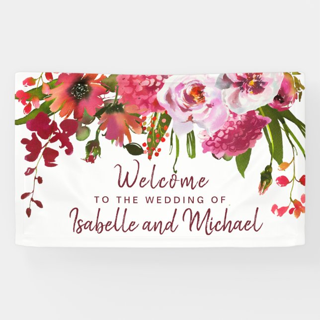 Boho Chic Red Hydrangea, Pink Rose Wedding Welcome Banner (Horizontal)