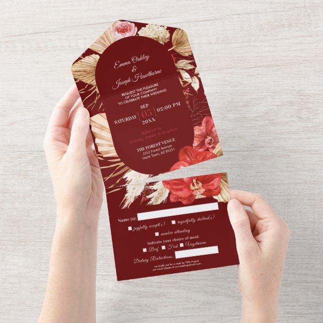 Boho chic red orchid fall custom Wedding All In One Invitation (Tearaway)