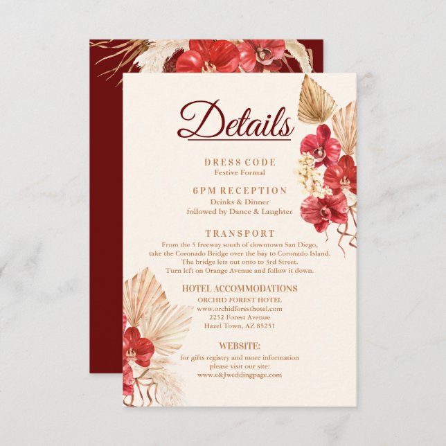 Boho chic red orchid fall custom Wedding Details Enclosure Card (Front/Back)