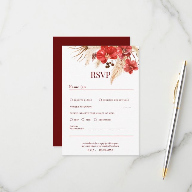 Boho chic red orchid fall custom Wedding Details RSVP Card (Front/Back In Situ)