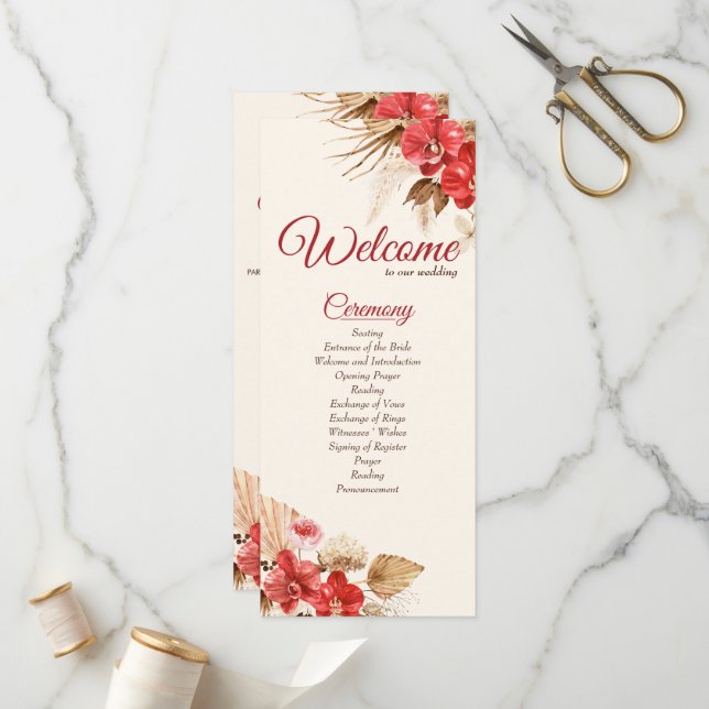 Boho chic red orchid fall custom Wedding Program Programme (Front/Back In Situ)